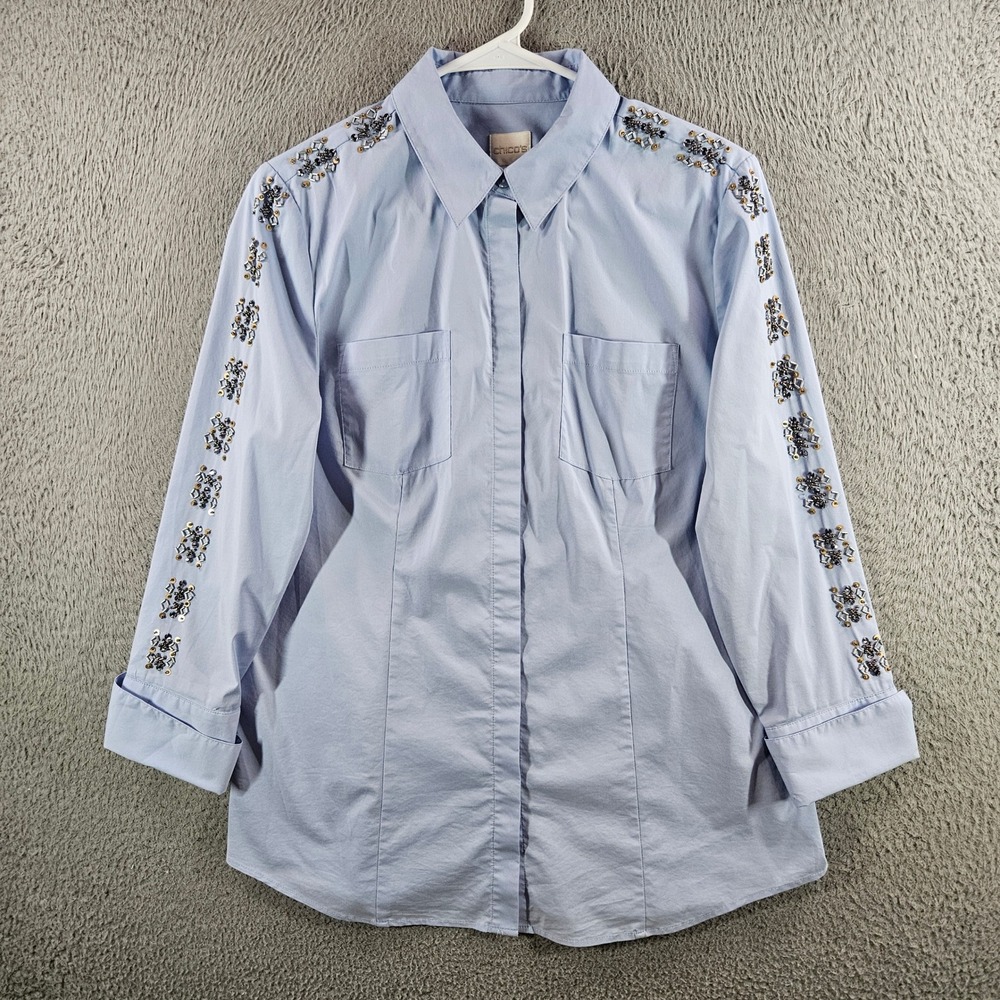 Chicos Embellished Button Down Shirt Womens 1 M Blue Sequin Beaded Cotton Blend